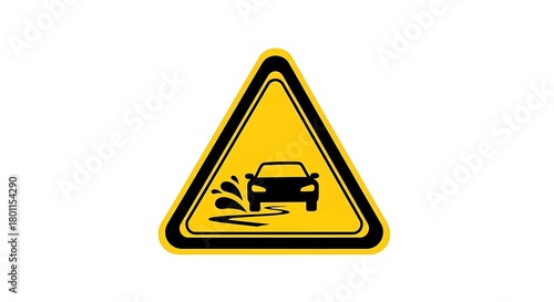 Caution warning sign for slippery road conditions and hydroplaning risk for car drivers safety