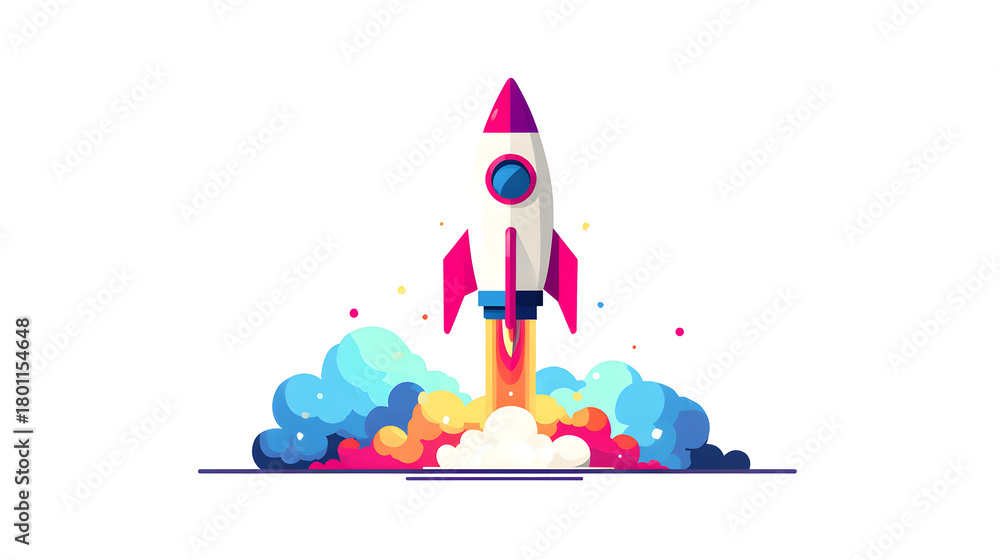 Fototapeta premium Flat vector illustration of startup rocket launching upward, simple geometric shapes, bold colors, business growth metaphor, clean modern clipart, isolated on white.