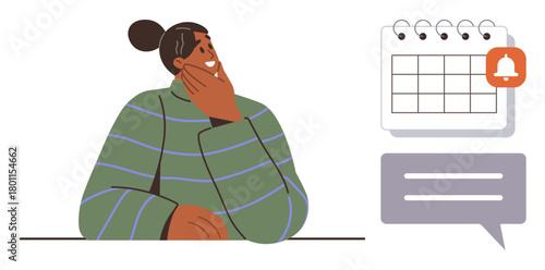Person resting chin on hand while thinking, next to a calendar with reminder alert and a message bubble. Ideal for scheduling, planning, communication, decision-making, productivity, reminders