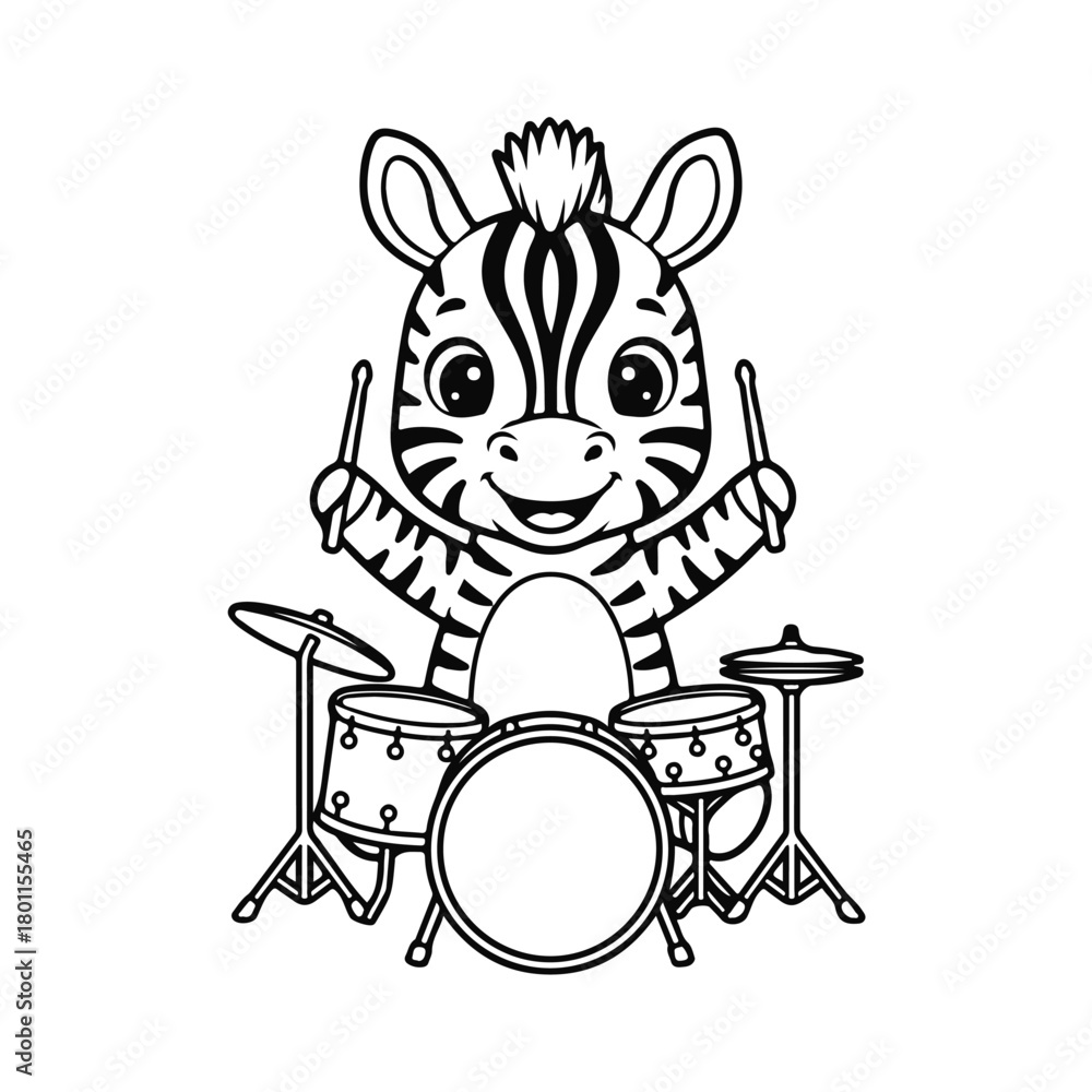 Fototapeta premium Cute cartoon zebra playing drums in black and white line art, funny animal musician with happy face, zebra drummer, cute zebra, funny animal, music art, cartoon drummer, kids illustration