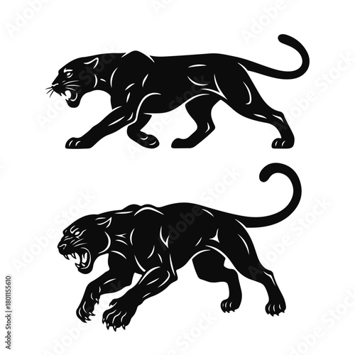 A dynamic silhouette of a black panther in an elegant, minimalist style, demonstrating strength and agility in motion. Panther silhouette, wild cat, big cat, predator symbol