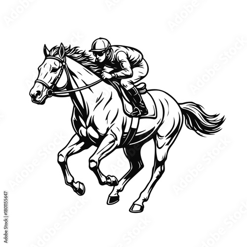 Dynamic racehorse with jockey in bold black-and-white style, galloping action, strong movement, sport energy — horse racing, jockey riding, racing horse, sport illustration, equestrian race