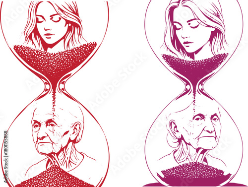 Two hourglasses showing the passage of time and aging with portraits inside on transparent background