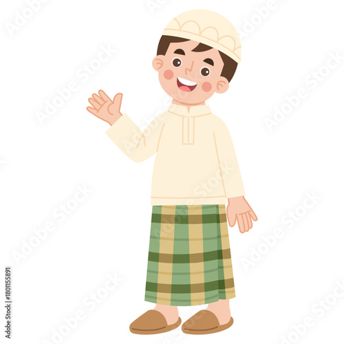 Illustration of a Muslim Boy Waving