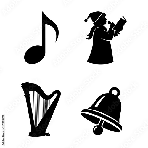 Christmas Music Silhouette Vector Set Note Caroler Harp Bell