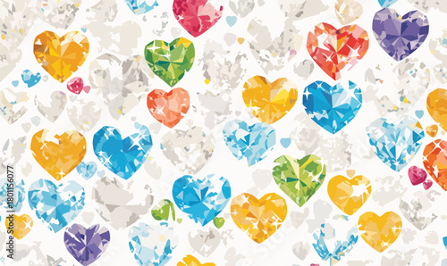 A vibrant vector background of colorful faceted heart-shaped gemstones and diamonds, symbolizing love and luxury.