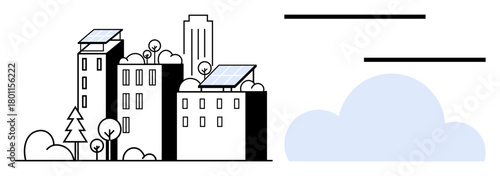 City skyline with solar panels atop buildings, trees, and clouds. Ideal for sustainability, energy, urban greenery, eco-living, renewable resources, futuristic design environmental initiatives