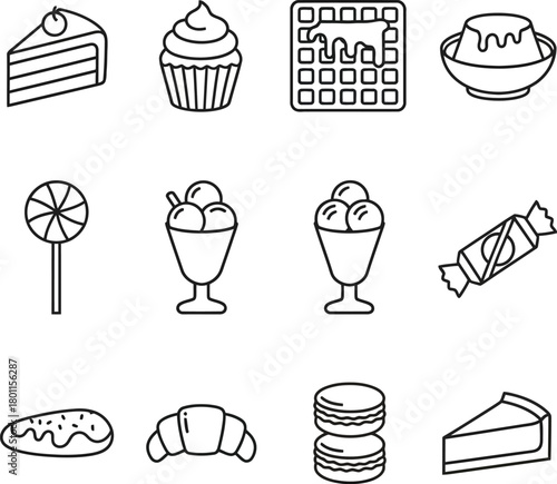 Collection of various sweet desserts and treats in a simple line art icon style.