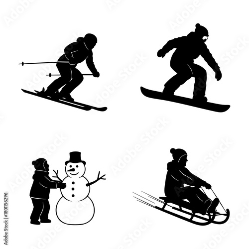 Winter Snow Sport Activity Silhouette Skier Snowboarder Sled