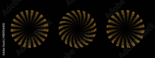 Golden sunburst pattern set. Vector radial rays with halftone dot texture and geometric lines, symbolizing retro comic explosion, light burst effect, and vintage graphic design elements.