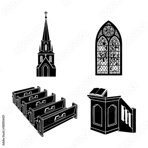 Church Silhouette Set Steeple Window Pew Pulpit Religious