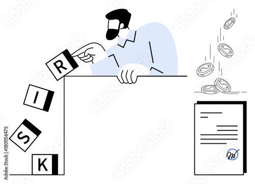 Man adjusts toppled RISK blocks while coins fall alongside a signed contract. Ideal for business, decision-making, finance, risk management, investment, strategy, contracts. Simple flat metaphor