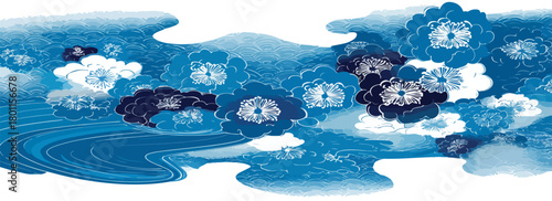 A beautiful vector illustration featuring traditional Japanese wave and cloud patterns with elegant blue floral motifs, perfect for serene designs.