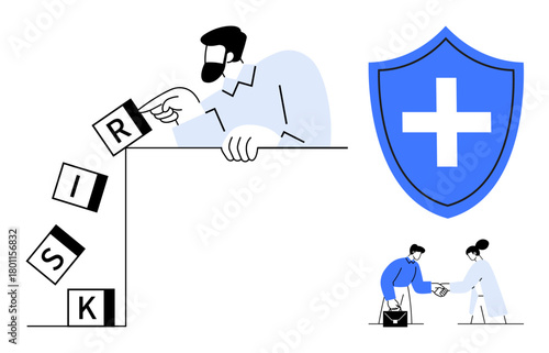 Man preventing falling risk blocks, blue shield representing security, two professionals shaking hands. Ideal for safety, teamwork, collaboration, risk management, security, partnerships