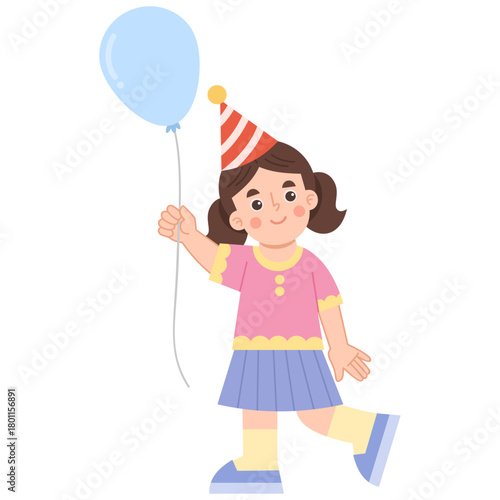 Illustration of Girl with Balloon Wearing Party Hat