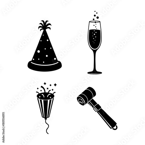 Christmas Party Silhouette Set Hat Glass Confetti Noise