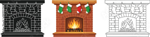 Three fireplaces in different styles, including a black fireplace, a colorful fireplace with stockings, and a outline fireplace