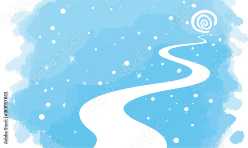 A serene vector illustration portrays a winding white path on a dreamy blue, star-filled background, leading to a distant spiral goal.