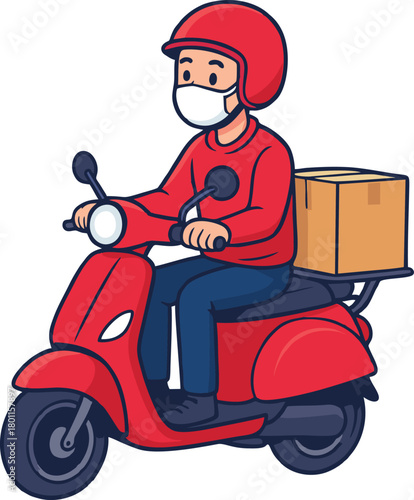 A delivery person wearing a mask and helmet rides a red scooter with a package on the back.