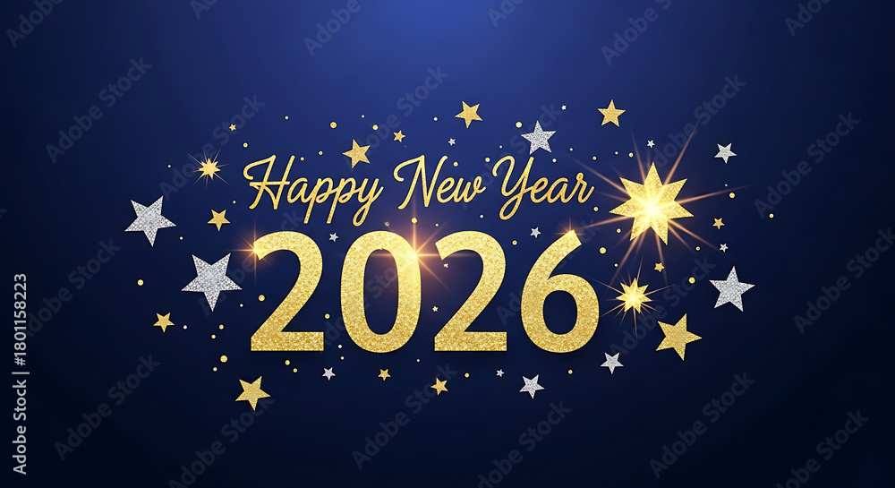 Fototapeta premium Happy new year 2026 gold glitter text with shining stars on dark blue