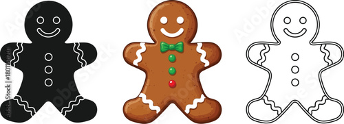 Gingerbread man vector illustration set of gingerbread man in color, black and and line art christmas cookie
