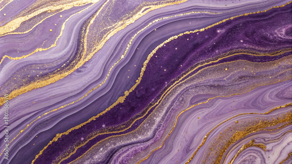 Obraz premium Elegant purple and gold abstract design with flowing patterns resembling marble, ideal for artistic backgrounds