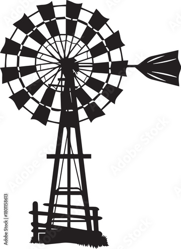 Vintage Windmill Silhouette: The intricate silhouette of a vintage windmill stands tall against a plain background, its blades poised. representing traditional technology and rustic charm.