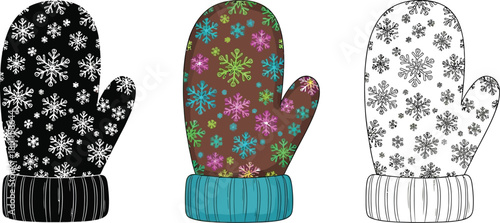 Three mittens in different styles, including a black silhouette, a colorful version with snowflakes, and a line drawing