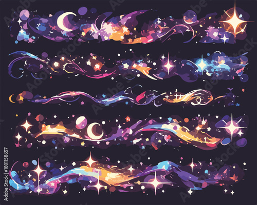 A beautiful collection of abstract cosmic borders featuring sparkling stars, crescent moons, and vibrant nebulae, perfect for decorative designs.