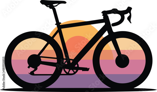 Road bicycle silhouette vector against a vibrant gradient sunset background for cycling and outdoor themes