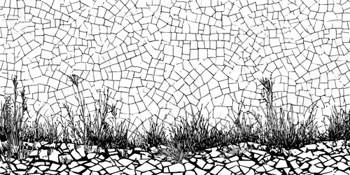 A monochrome vector illustration showcasing a stylized landscape with detailed grass growing from a cracked earth pattern against a mosaic sky.