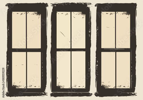 A distressed vector illustration showcasing three grunge-style window frames with rough black borders on a light background, perfect for artistic design projects.