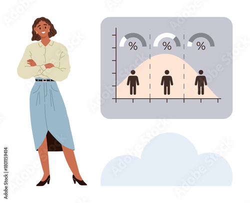 Woman standing confidently next to a graph showing population distribution and percentage indicators. Ideal for analytics, statistics, business, education, research, data visualization, and teamwork