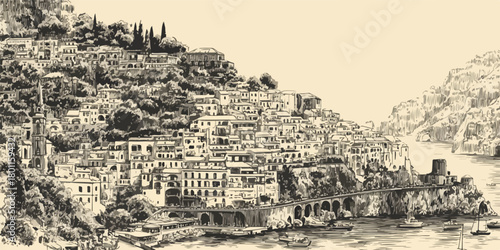 An exquisite vector illustration captures the breathtaking beauty of a historic coastal town nestled along a dramatic Mediterranean hillside.