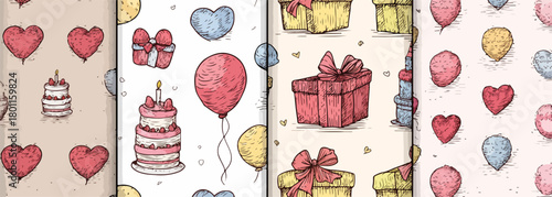 A charming collection of hand-drawn vector seamless patterns featuring festive balloons, cakes, gifts, and hearts, perfect for celebration designs.