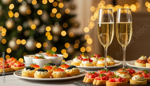 Festive New Year table with sparkling champagne and gourmet appetizers in the foreground. Warm Christmas lights and a decorated tree create a cozy, luxurious holiday atmosphere.