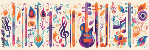 A vibrant and colorful vector illustration featuring a diverse collection of musical instruments and abstract notes, celebrating the joy of music and artistic expression.