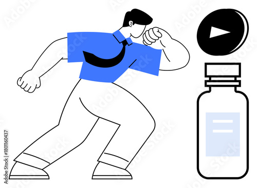 Person in business attire taking action with focus, medicine bottle suggesting wellness, and play button hinting growth, education, or progression. Ideal for health, motivation, productivity