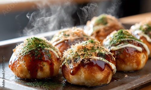  takoyaki, generously topped with thick takoyaki sauce, mayonnaise, bonito flakes, and seaweed powder, glossy texture, steam rising, shallow depth of field