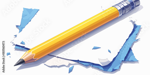 A classic yellow pencil with a blue eraser rests on white paper amidst scattered blue shavings, symbolizing creativity and correction.