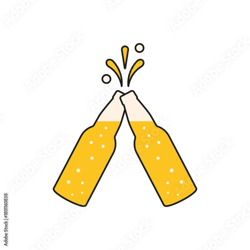 Beer toast. Two beer bottles together icon. Clink, cheers and toasting. Vector outline illustration white background.	