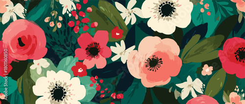 An exquisite vector illustration presenting a dense, colorful floral arrangement with various blossom types and verdant leaves, creating a lively botanical backdrop.