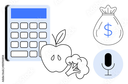 Calculator, apple, broccoli, money bag, and microphone reflect financial planning, healthy eating, and technology. Ideal for nutrition, budgeting business finance technology education
