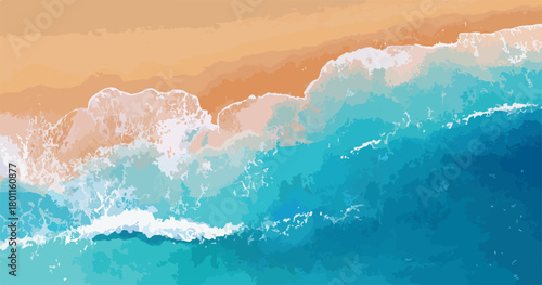 A captivating top-down vector illustration depicts the dynamic interplay of frothy blue ocean waves against a peaceful, sun-kissed sandy beach.