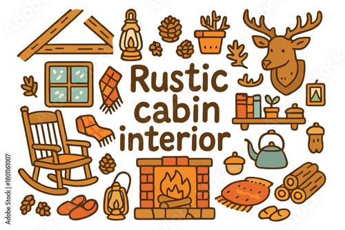 Rustic Cabin Charm. Rustic cabin interior. Hand-drawn doodle illustration of rustic cabin interior. Wooden