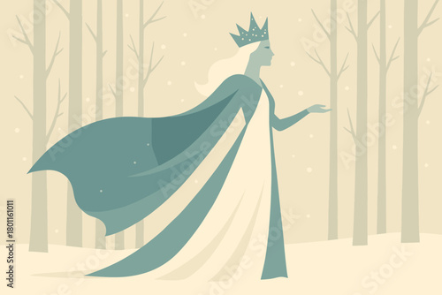 Elegant Snow Queen. minimalist flat illustration of an elegant Snow Queen standing in a snowy forest, her cape