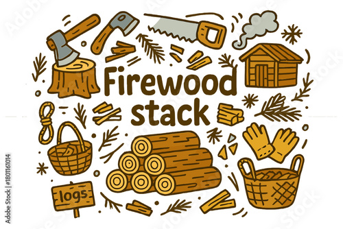 Firewood Doodle Art. Firewood stack. Hand-drawn doodle illustration of firewood stack. Wooden logs, axe,
