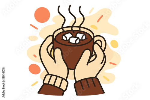 Cozy Cocoa Moment. Winter comfort. A pair of gloved hands cradle a cup of hot cocoa topped with marshmallows,