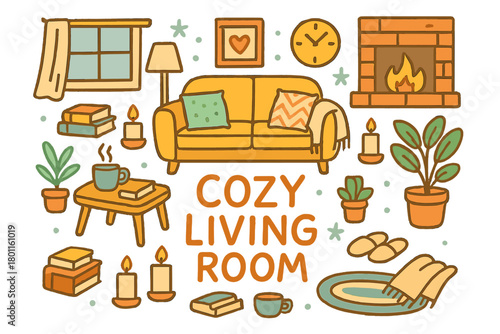 Cozy Living Room. Cozy living room. Hand-drawn doodle illustration of cozy living room. Sofa, coffee table,