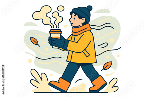 Winter Coffee Break. Winter stroll pause. Gloves grip a takeaway cup, rising steam forming abstract cloud